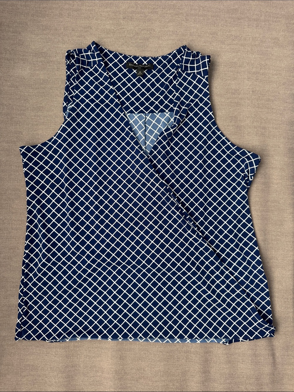 Banana Republic Navy and White Sleeveless Faux-Wrap Geometric Camisole